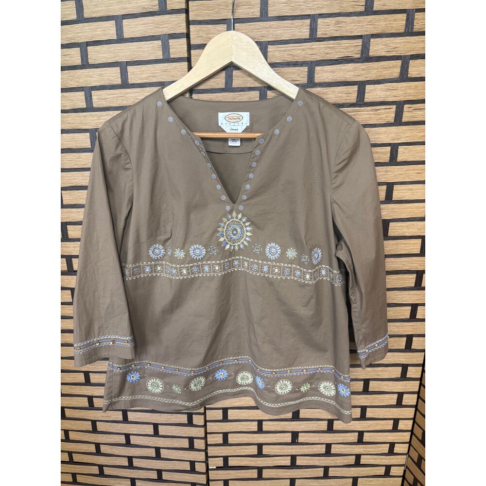 Talbots Brown Cotton Embroidered V-Neck Blouse